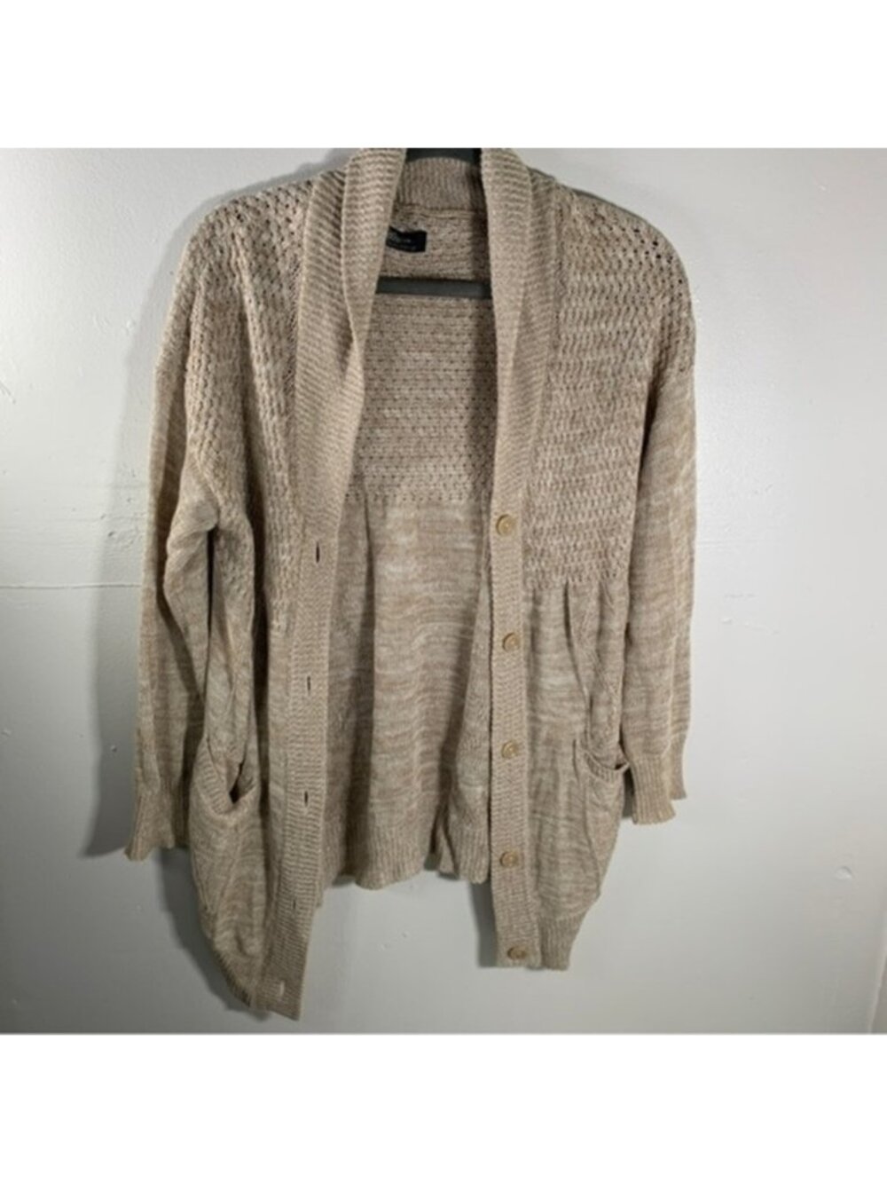 AZUL BY MOUSSY Sweater cardigan knit duster neutral beige tan pockets grandma